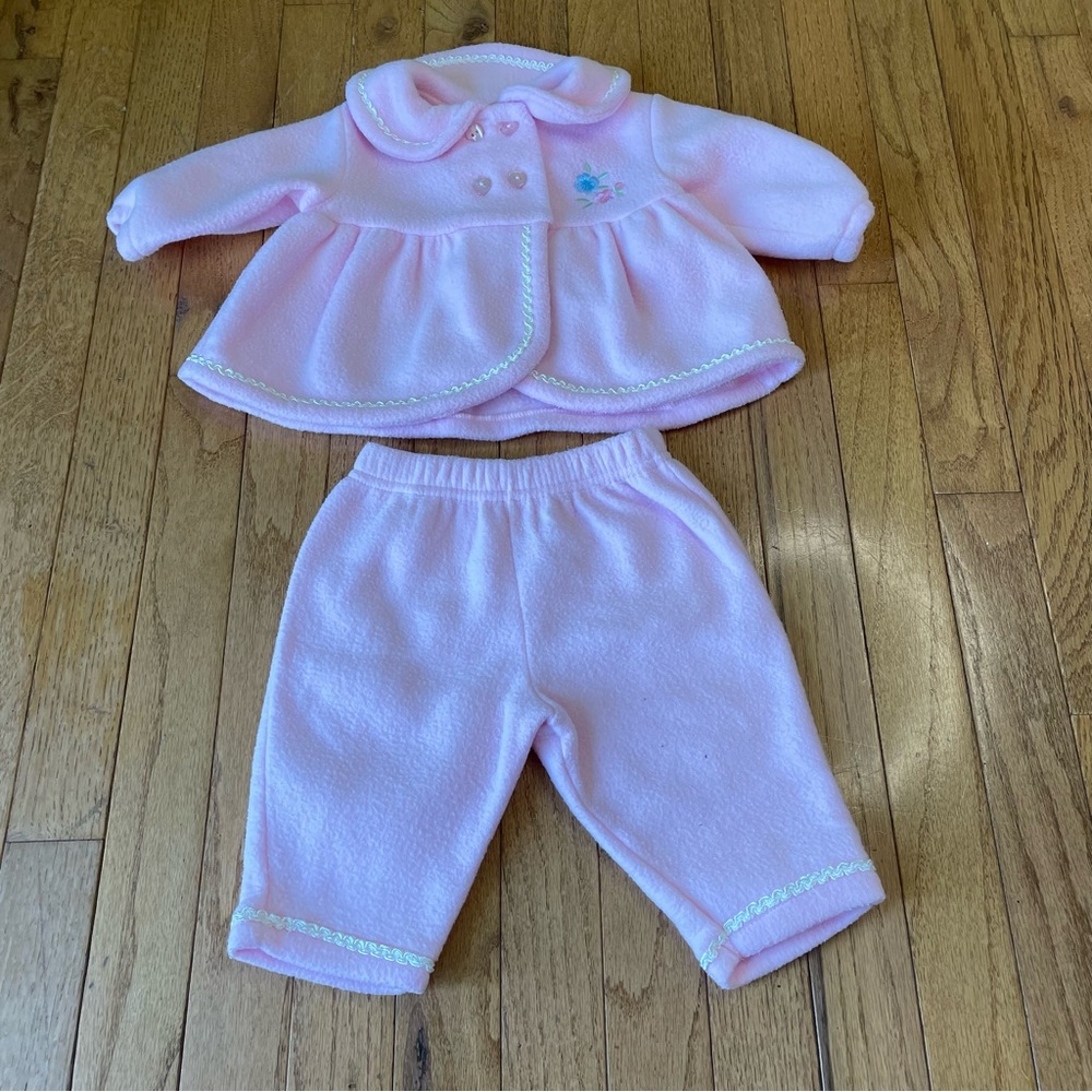 VINTAGE Y2K BABY Q PINK FLEECE EMBROIDERED FLOWER OUTFIT SIZE 3/6 MONTHS